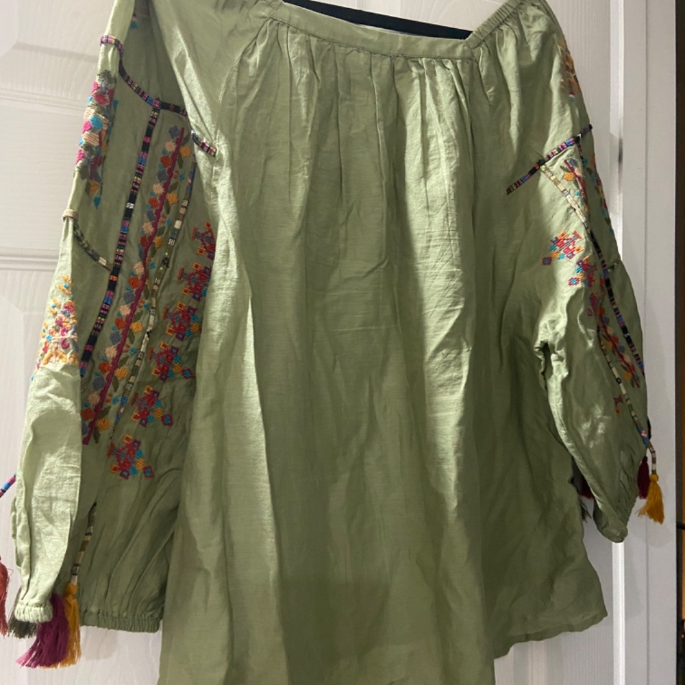 SUNDANCE Journey In Spirit Top Embroidered Square Neck Cotton Green boho - Picture 6 of 7